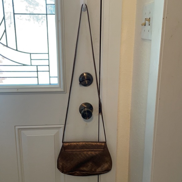 Neiman Marcus bronze/gold vinyl crossbody purse. - Picture 3 of 7